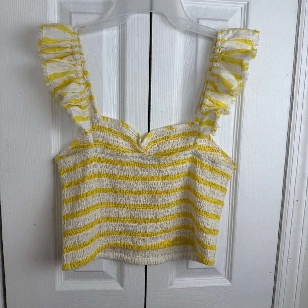 Free‎ People Yellow White Striped Smocked Crop Top Ruffle Cottagecore LG Boho